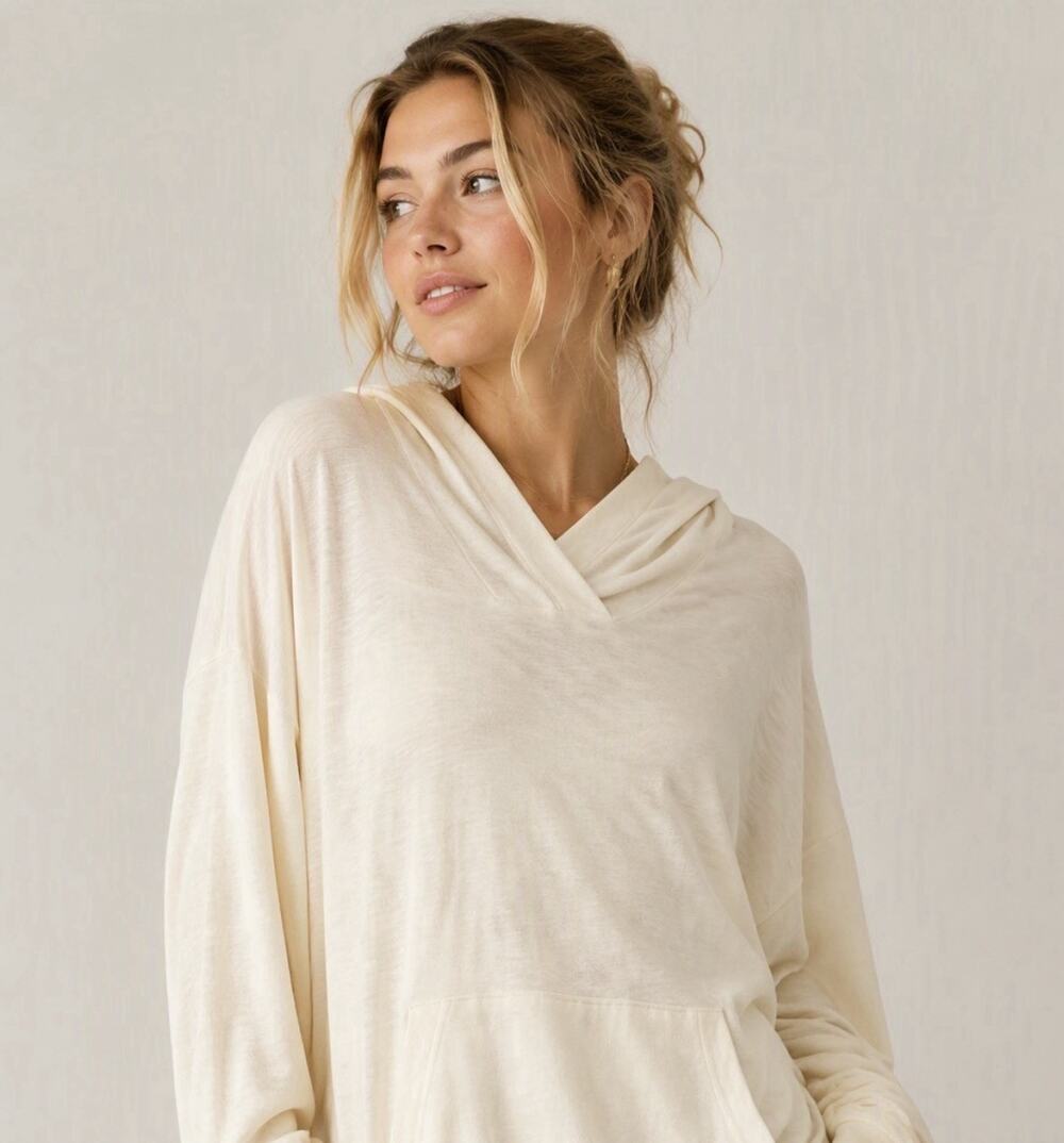 Free People NWT We the Free Ivory Hoodie Pullover Front Pouch Pocket Sweater Top